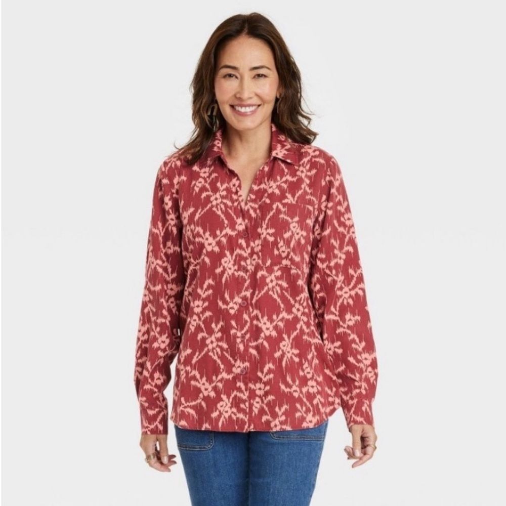 NEW Knox Rose Long Sleeve Button Down Shirt in Red Pattern Size Large